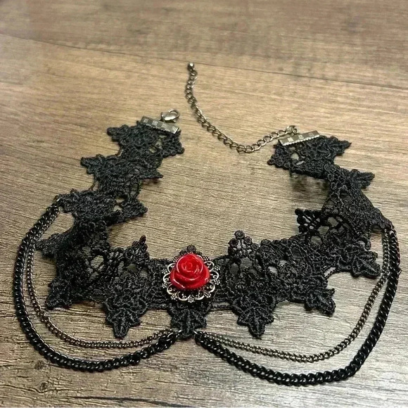 Gothic Style Lace with Metal Chains and Gold Red Rose Accents Chocker Necklace - Picture 1 of 2